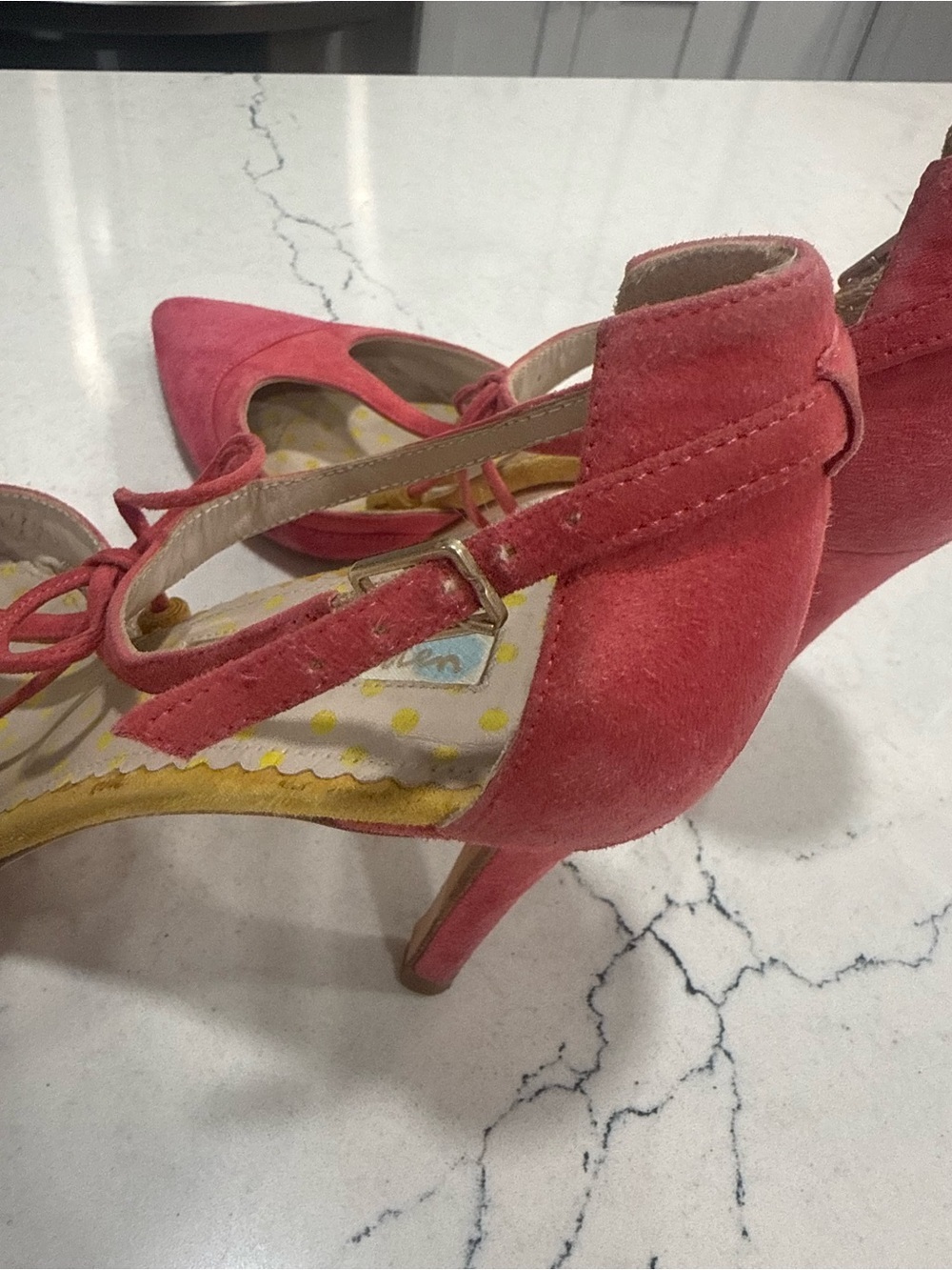Boden “Alice” Pink Suede Ankle Strap Heels Yellow Tassels 7.5- 8 (38) - Picture 11 of 14